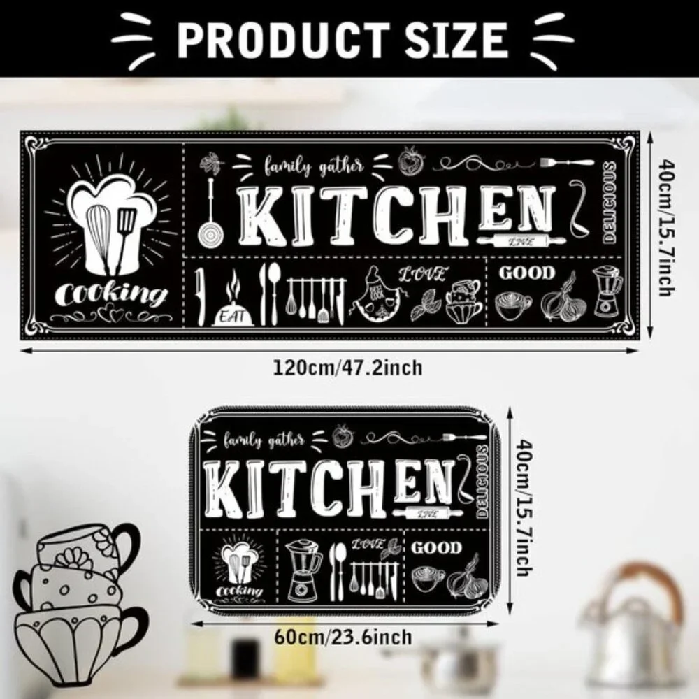New 3-Piece Black Kitchen Rug Set, Non-Skid Anti-Fatigue Stain-Resistant Mats